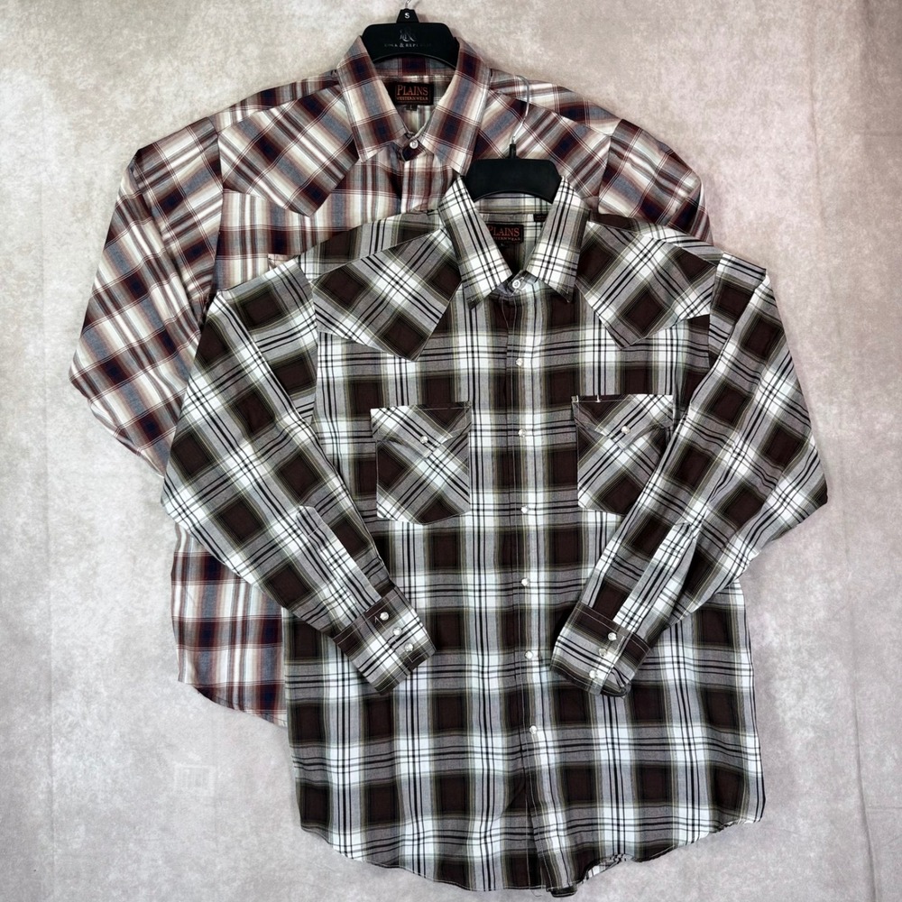 VTG Lot of 2 Plains Western Shirts Men Large Plaid Pearl Snap Rockabilly Cowboy
